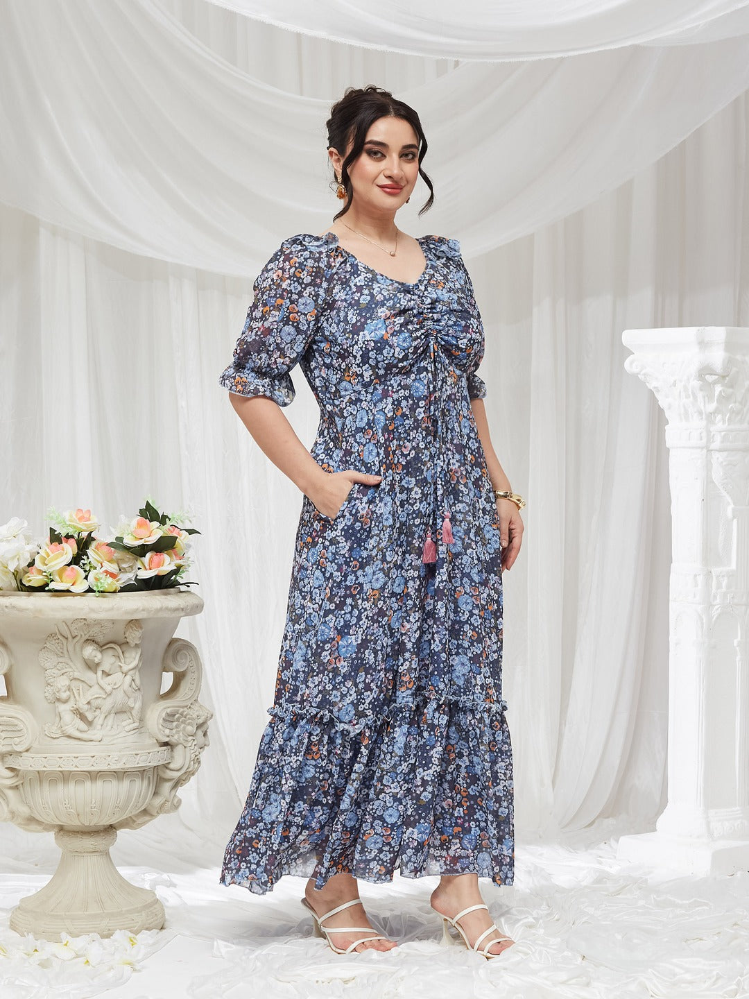 Navy Blue V-Neck Puff Sleeve Floral Ruching Ankle-Length Dress for Women