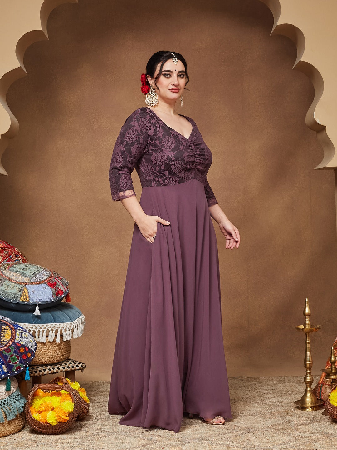 Mauve V-Neck Raglan-Sleeve Self-Designed Empire-Styled Georgette Maxi Dress for Women