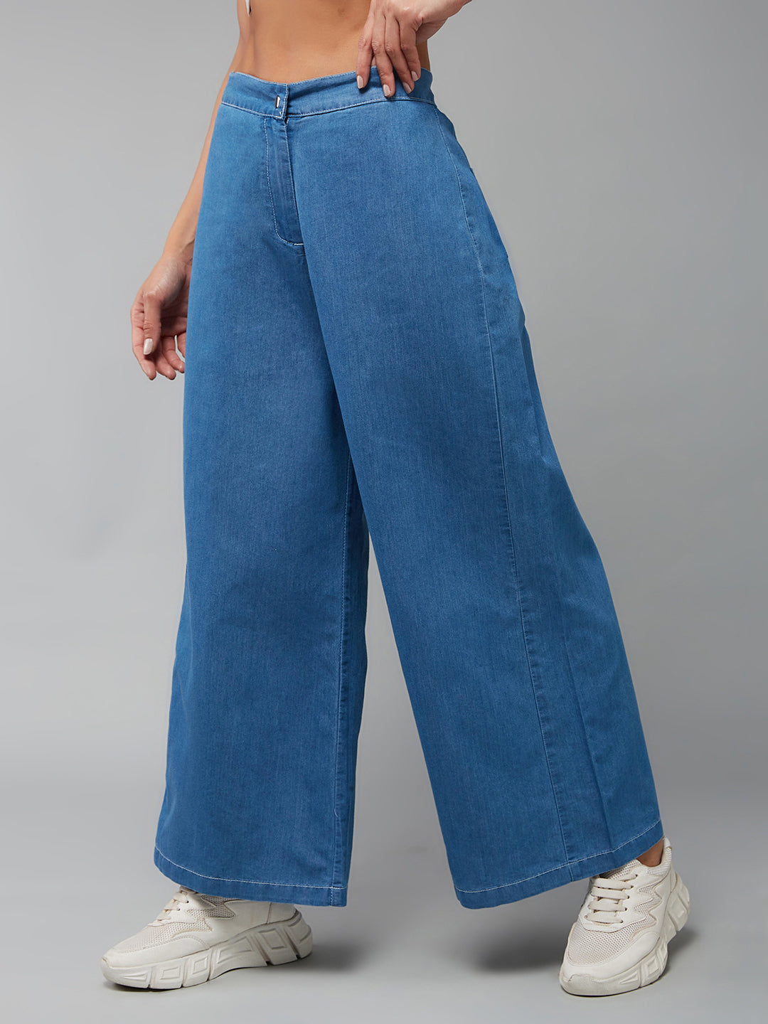 Women's Blue Wide-Leg High-Rise Light Weight Clean-Look Regular Length Denim Pants