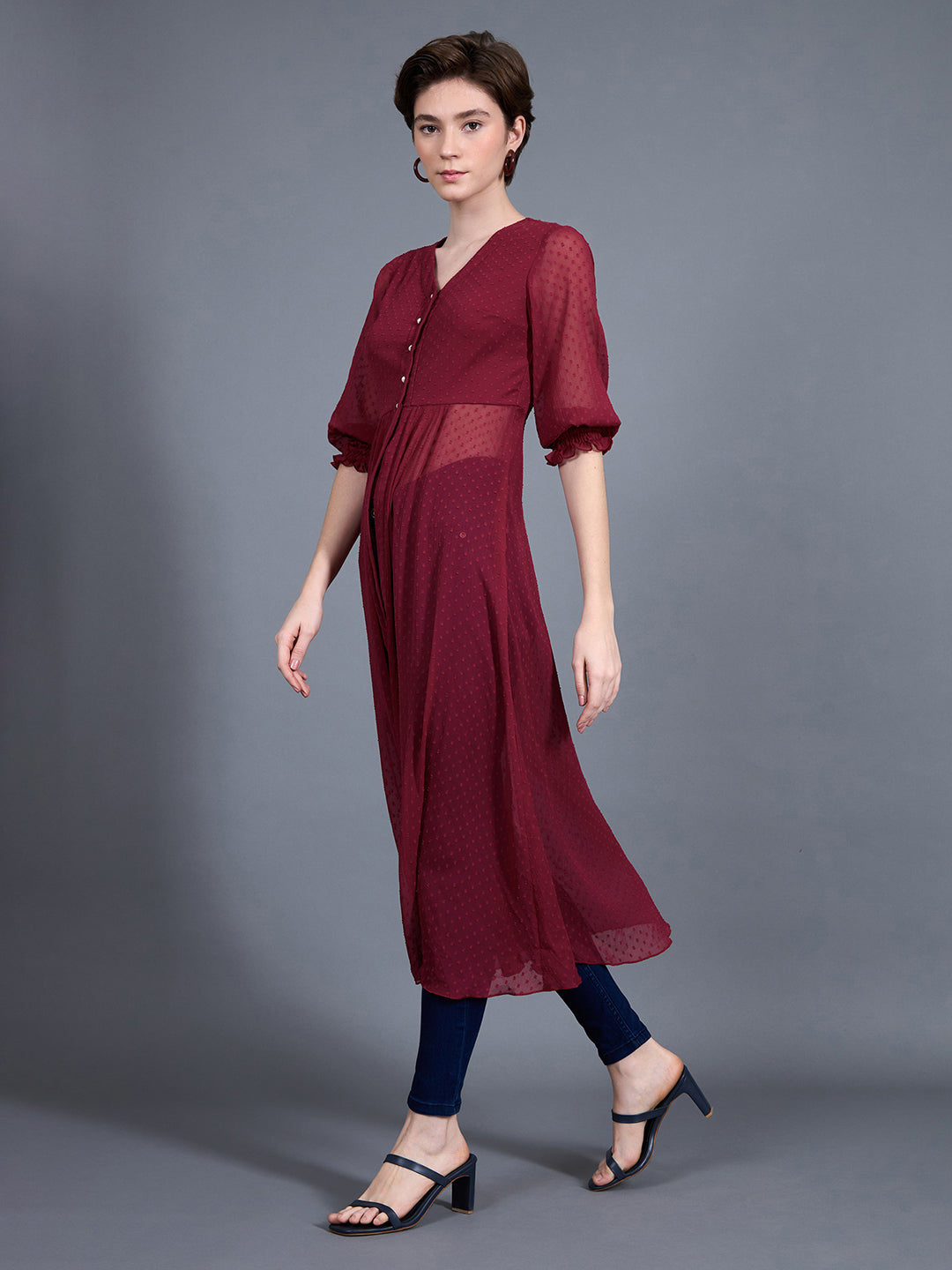 Women's Maroon V-Neck 3/4 Sleeves solid empire Maxi Top