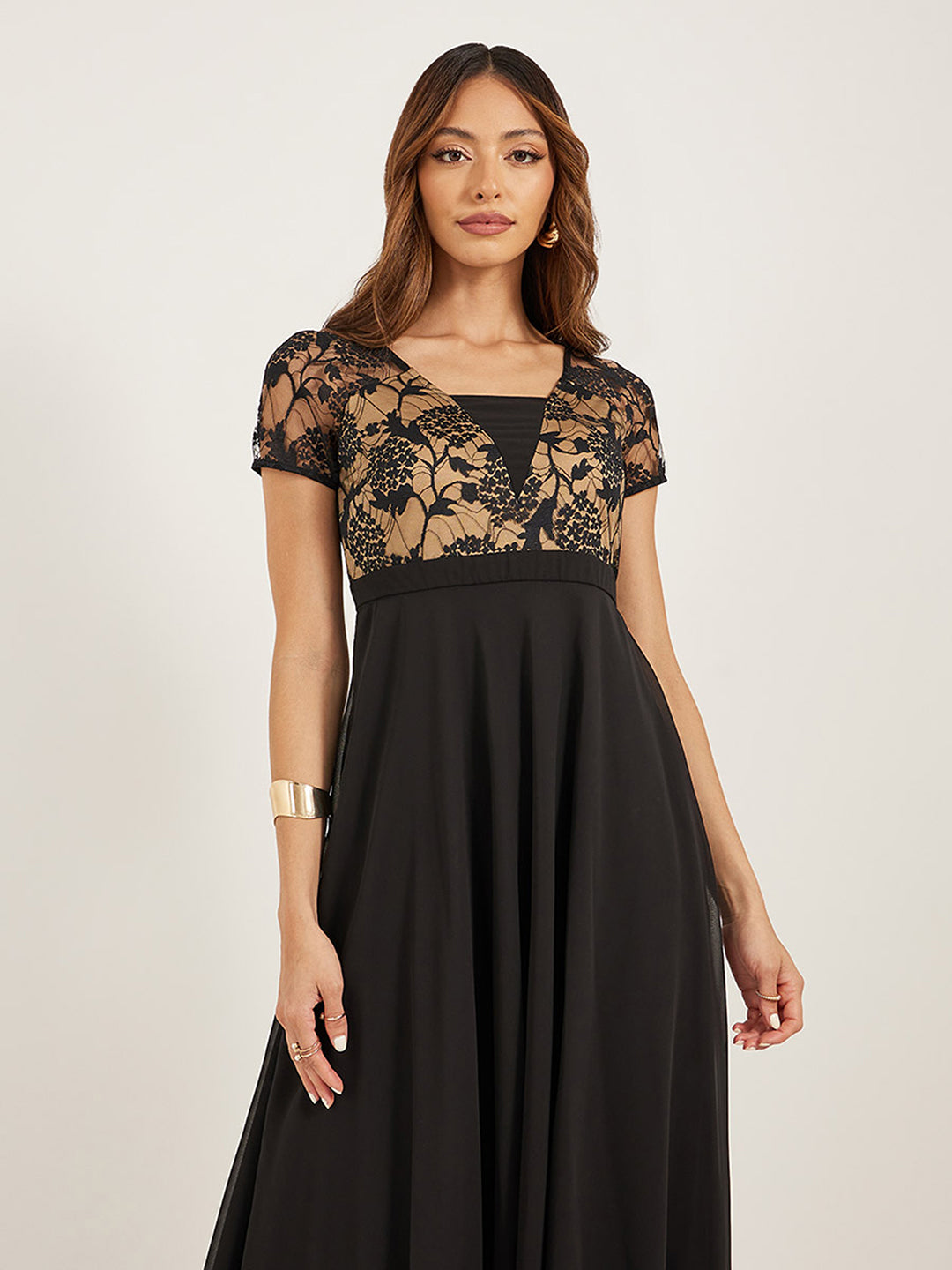 Women's Black Square Neck Raglan Short Sleeve Self Design Lace Overlaid Georgette Maxi Dress