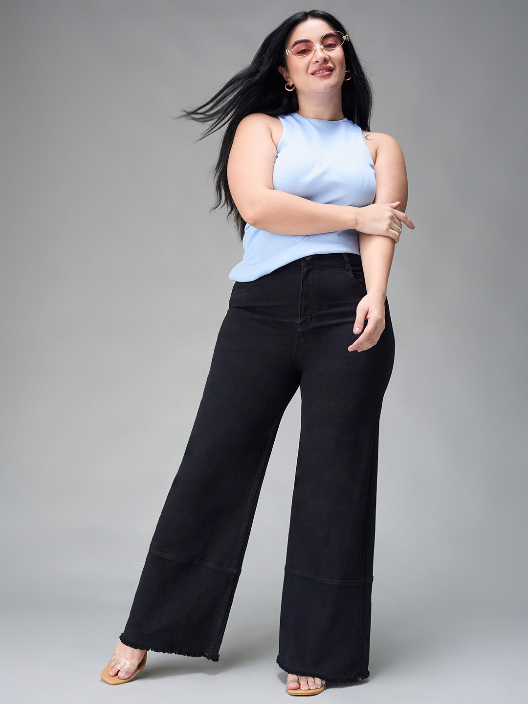Women's Black Wide Leg High Rise Clean Look Regular-Length Stretchable Denim Jeans