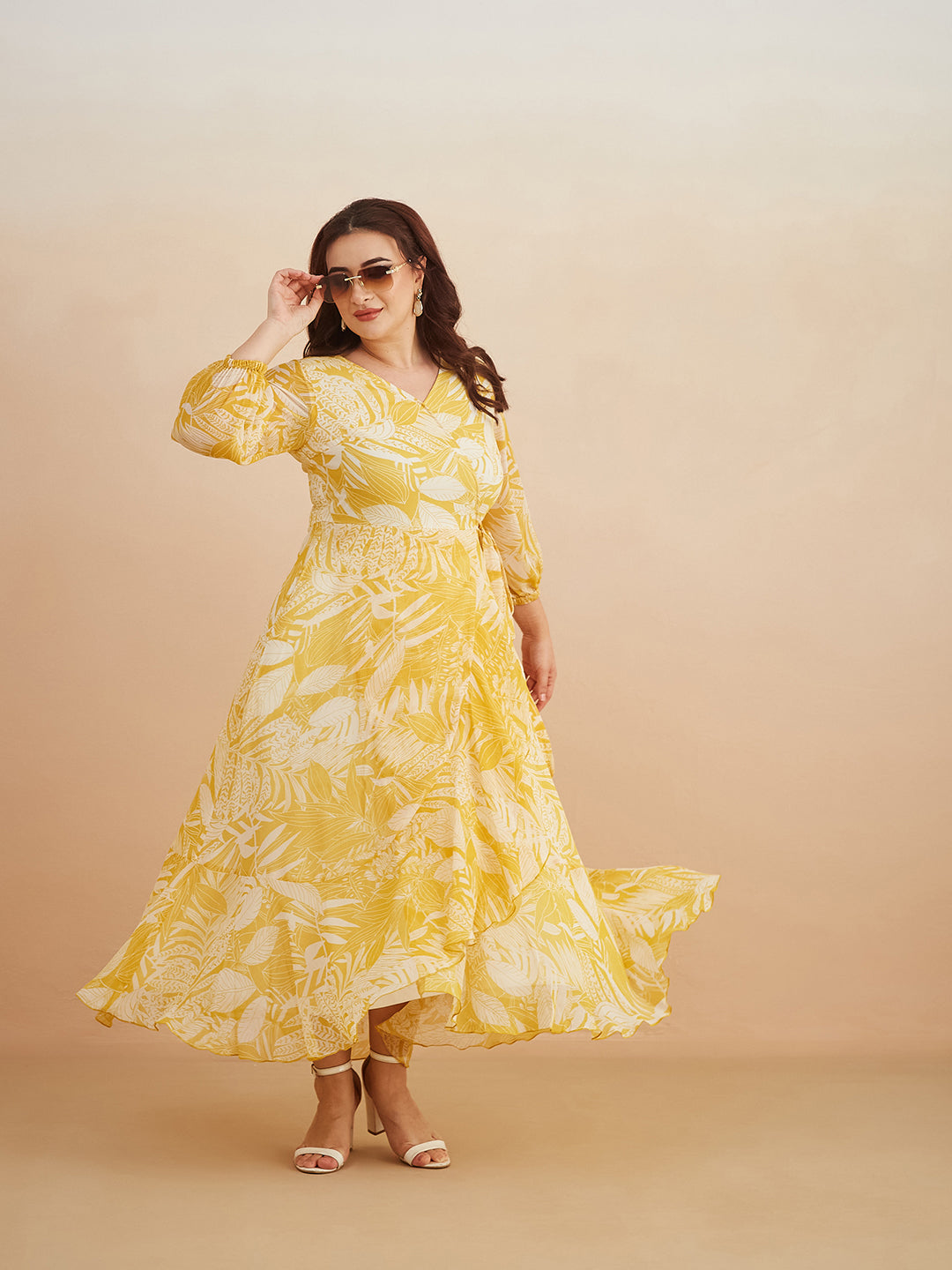 Yellow & White V neck Full sleeve Floral Layered Maxi Dress for Women