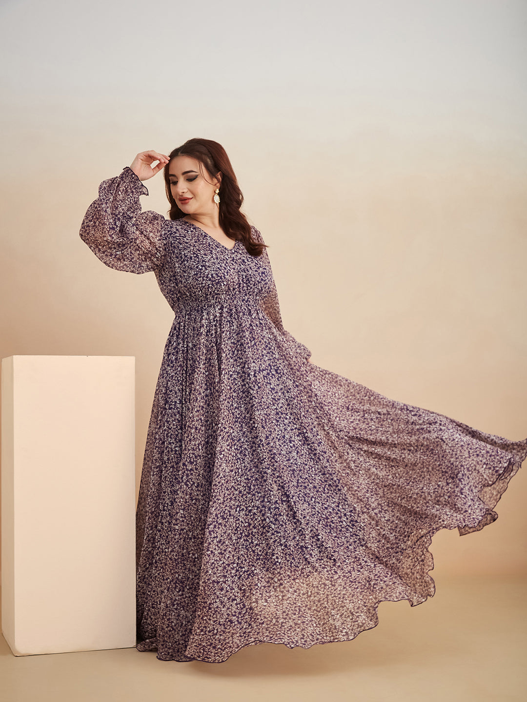 Multicolored-Base-Purple V-Neck Bishop Sleeve Floral Gathered Chiffon Maxi Dress for Women