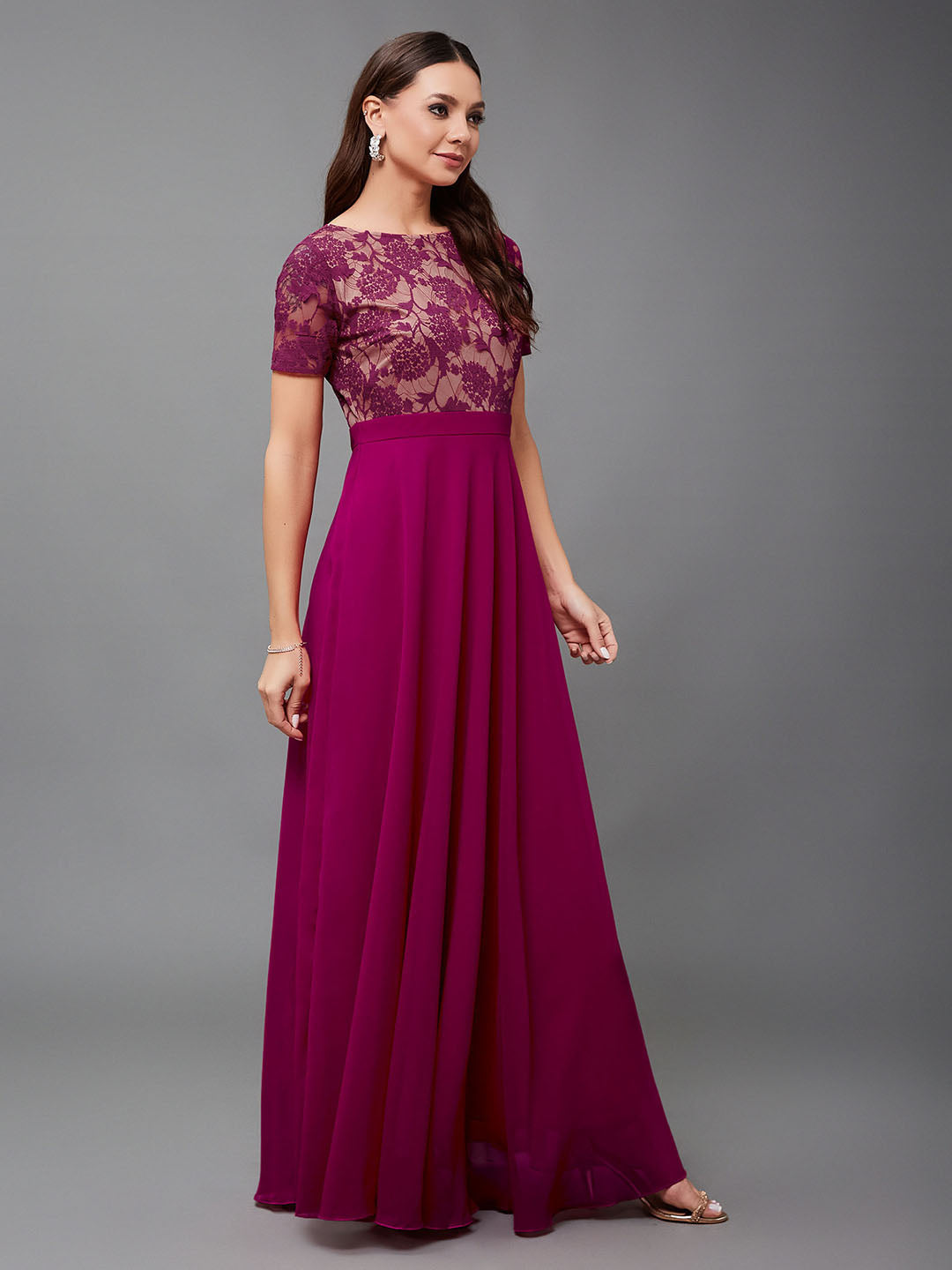 Women's Dark Pink Round Neck Half Sleeve Self-Designed Fit & Flare Georgette Maxi Dress