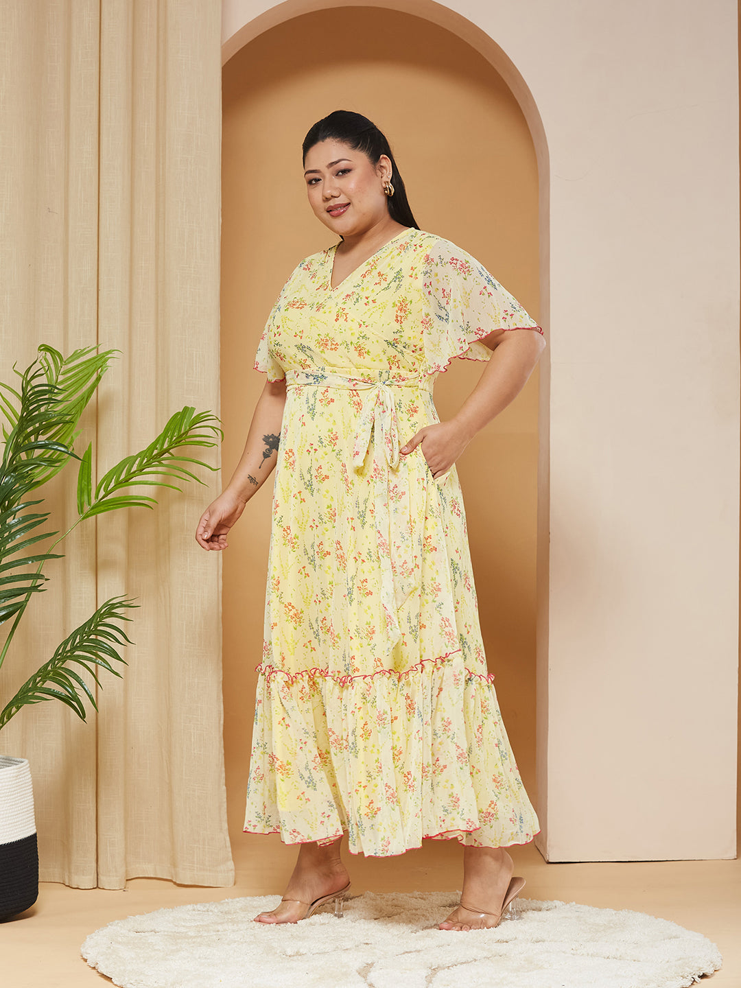 Multicolored-Base-Yellow V-Neck Flared-Sleeves Floral Wrap Maxi Dress for Women