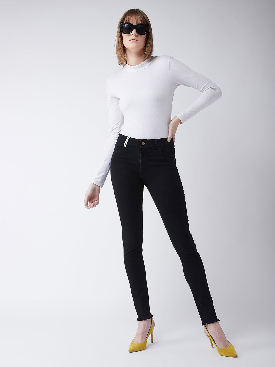 Women's Black Slim-Fit High-Rise with Tape Detailing Stretchable Denim Jeans