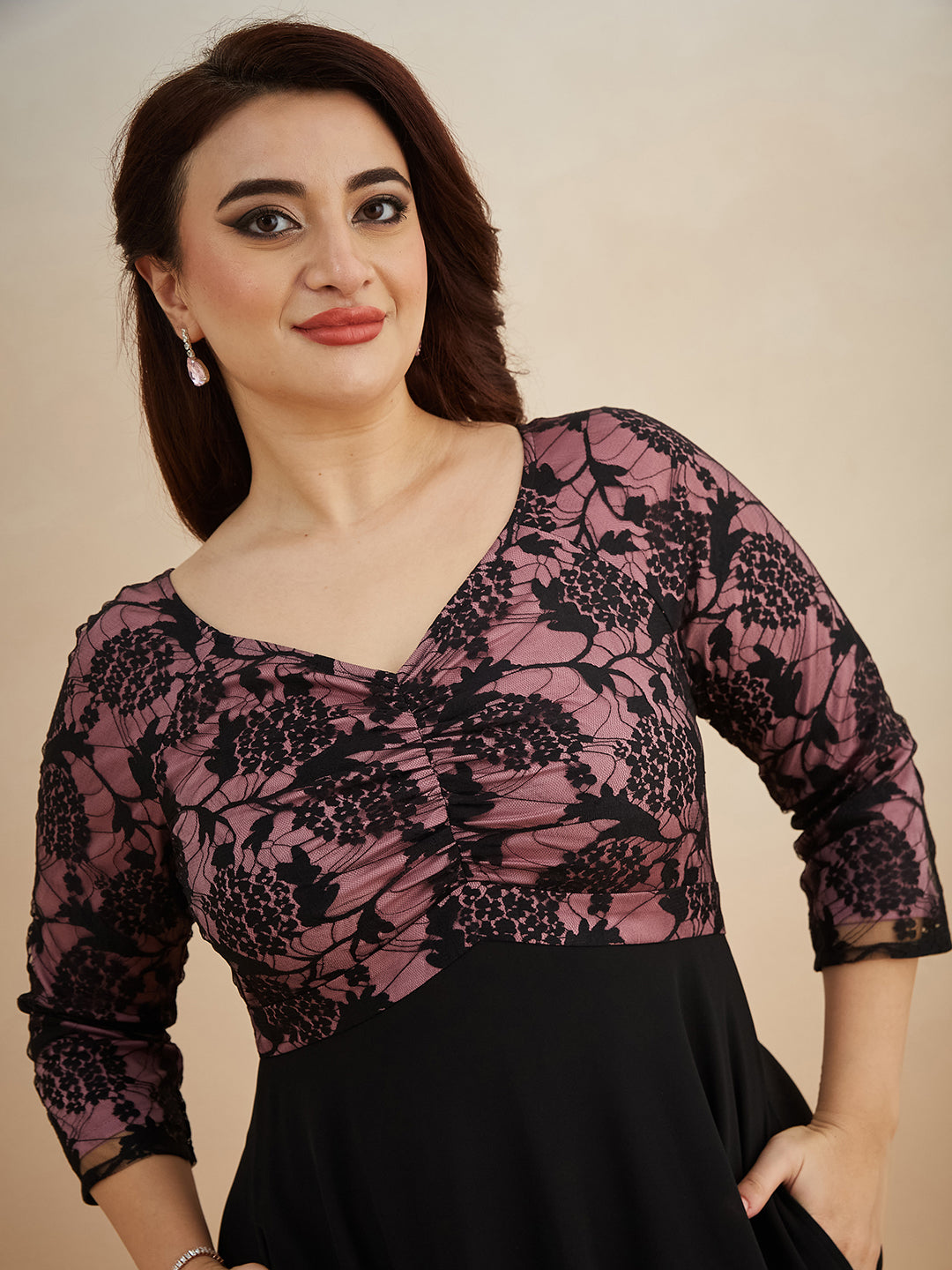 Black And Lavender Sweet heart neck 3/4 Sleeve Self Design Fit & Flare Maxi Dress for Women