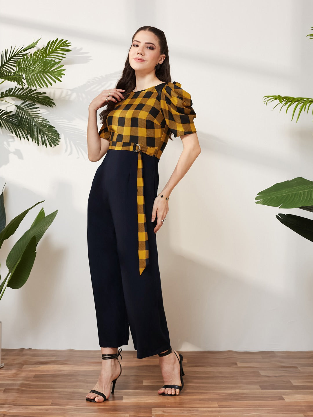 Black & Mustard Round Neck Cowl Sleeve Checkered Wide-leg Viscose-Rayon Regular Length Jumpsuit for Women