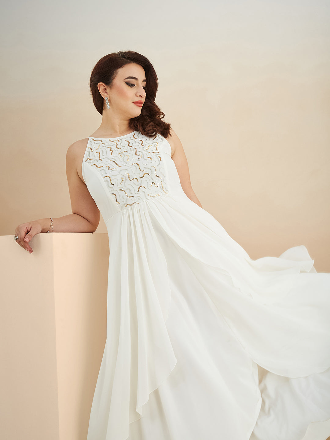 Off White Round Neck Sleeveless Solid Embellished Maxi Dress for Women