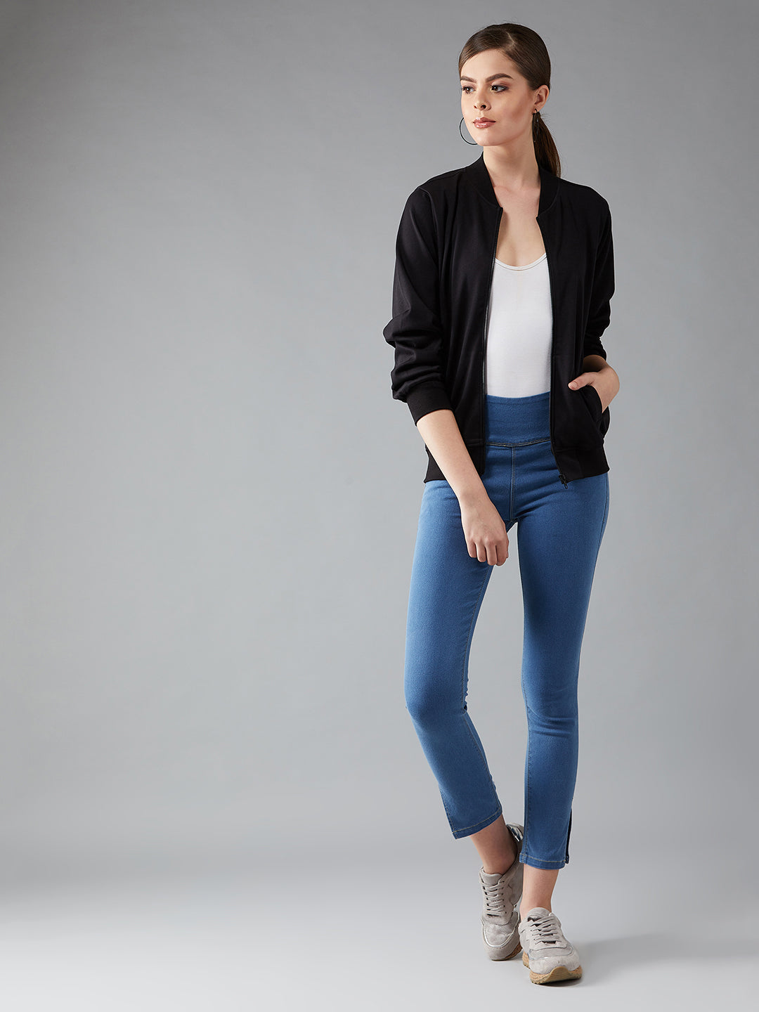 Women's Black Collared Full Sleeves Solid Bomber Regular Length Jacket