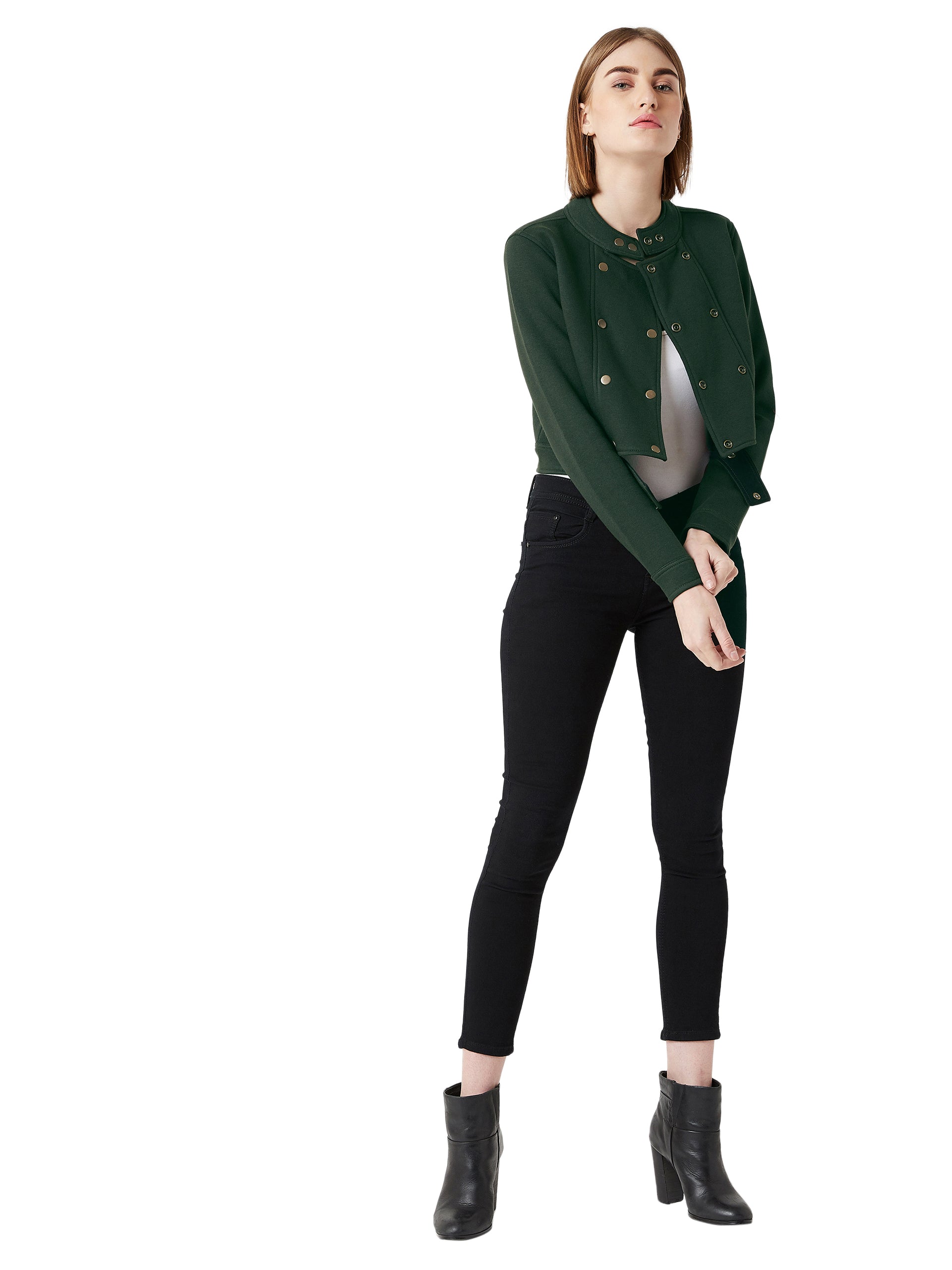 Green Round Neck Full Sleeves Cotton Paneled Cropped Jacket for Women