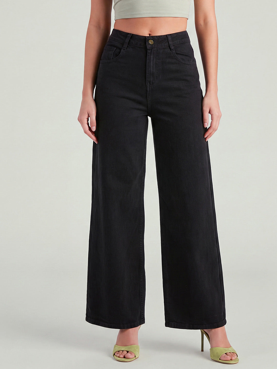 Black Wide Leg High Rise Stretchable Denim Jeans for Women