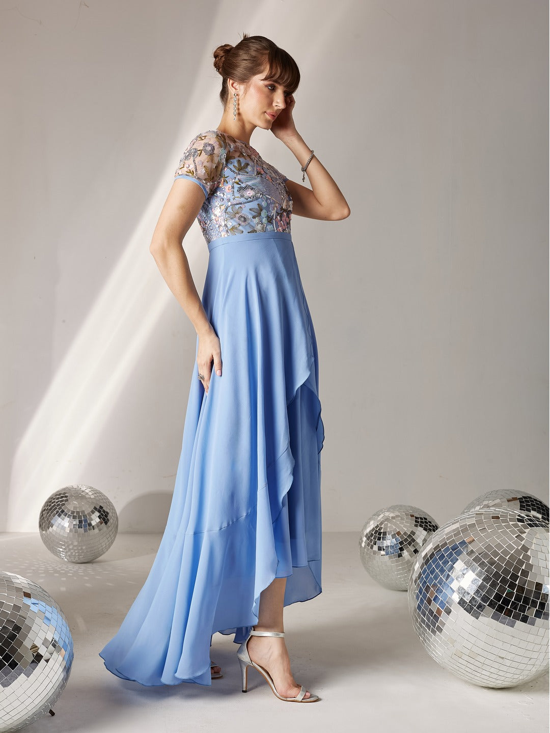 Sky Blue Round Neck Short Sleeve Floral Layered Georgette Midi Dress for Women