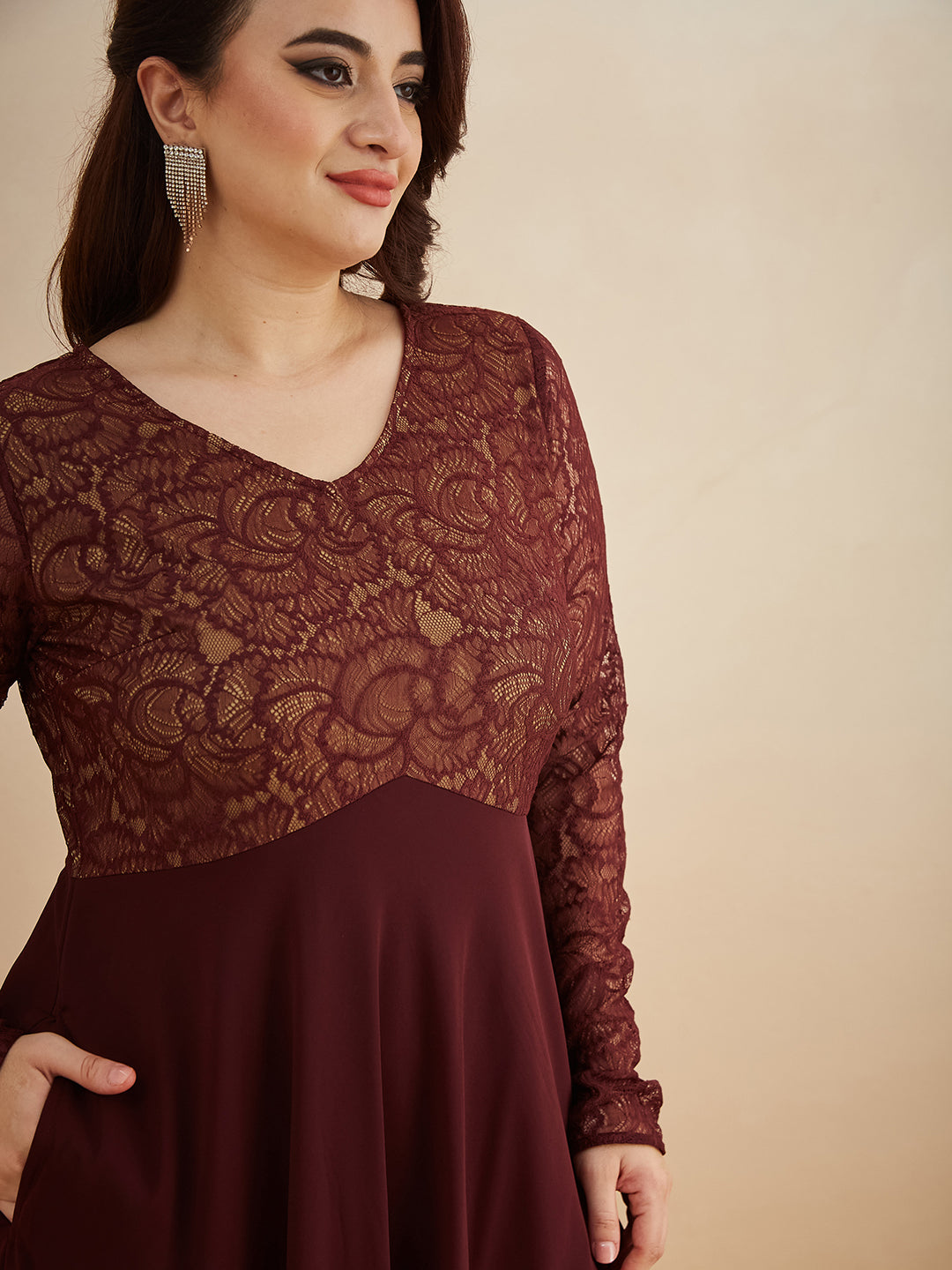 Wine V-Neck Full Sleeve Self Design Lace-Overlaid Georgette Maxi Dress for Women