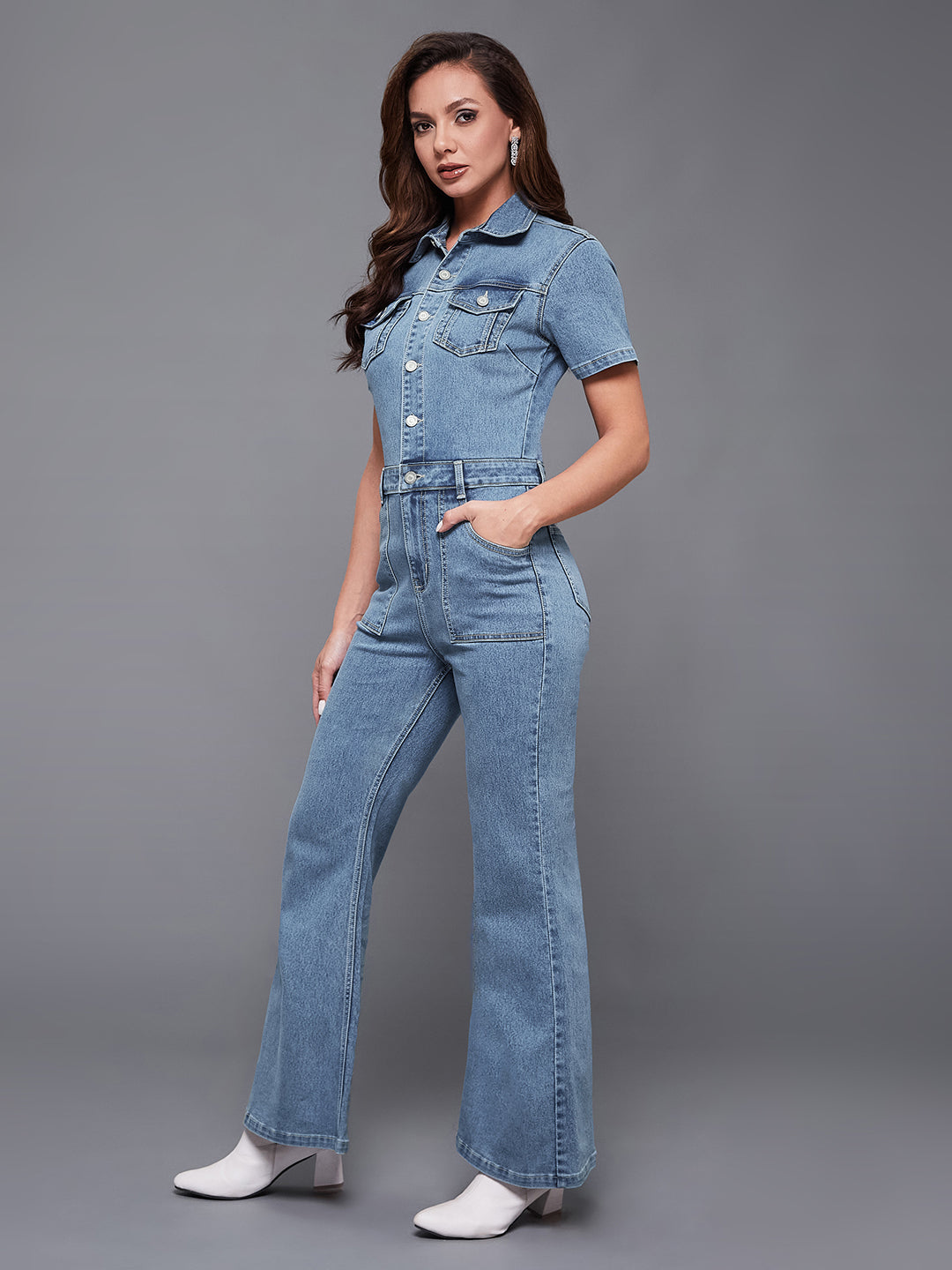 Women's Blue flared High-Rise Regular Stretchable Denim Jumpsuit