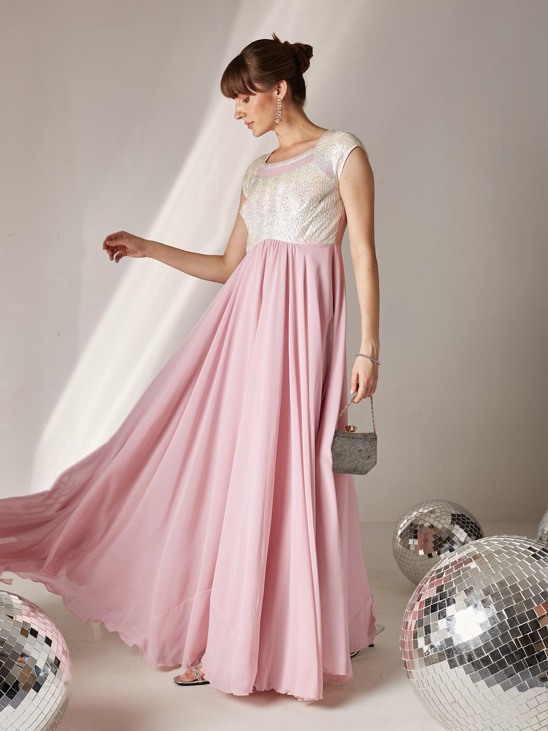 Dusty Pink Round Neck Raglan Sleeve Self-Designed Fit & Flare Georgette Maxi Dress for Women