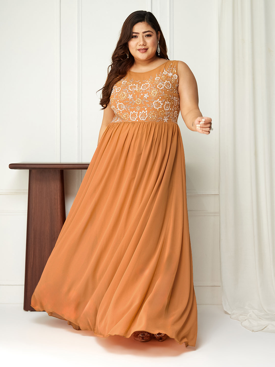 Dusty Orange Sleeveless Fit and Flare Sequinned Maxi Dress Long Dress Frock for Women