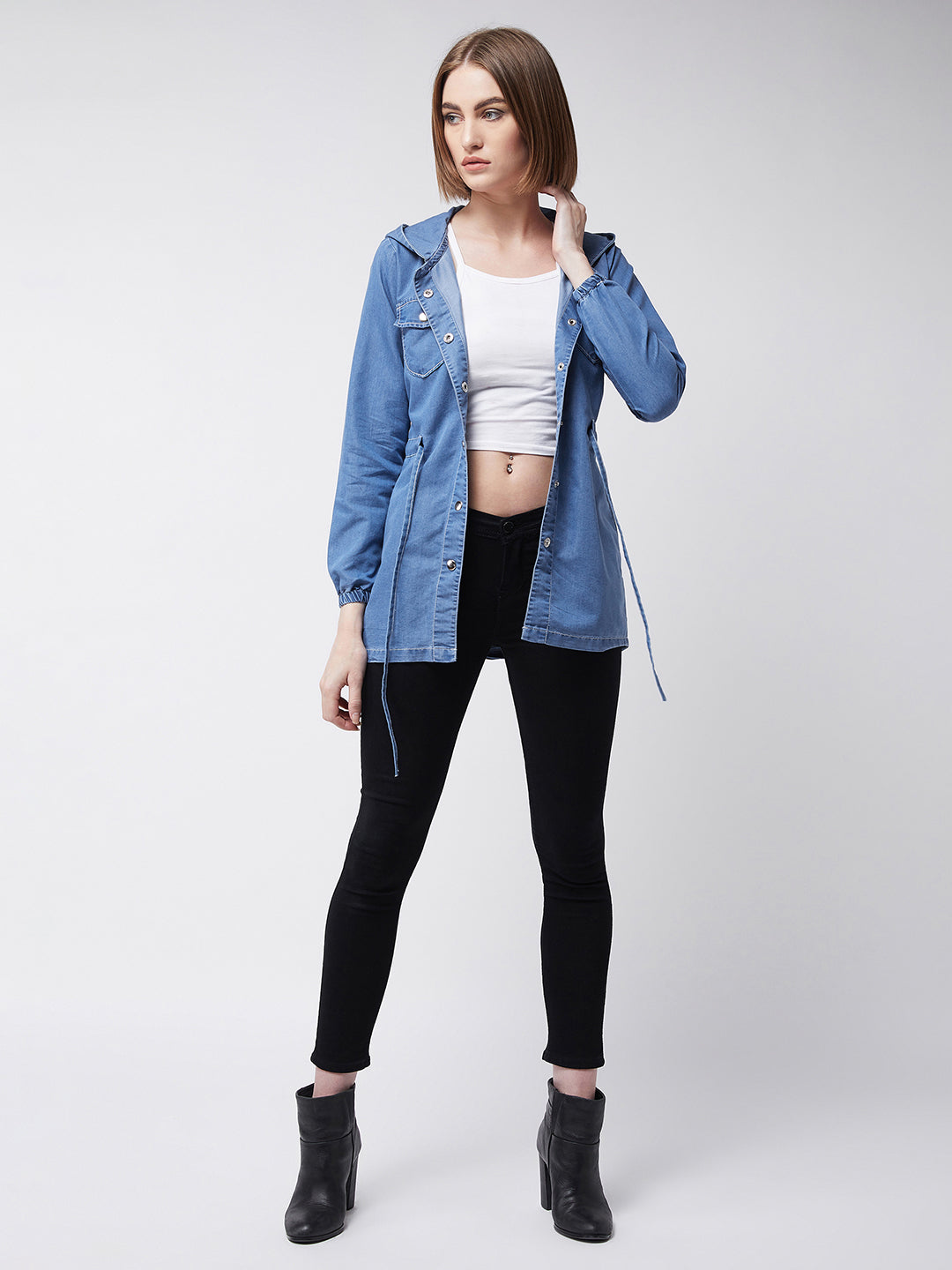 Light-Blue Round Neck Full Sleeve Solid hoody with tie-up Long Denim Jacket for Women