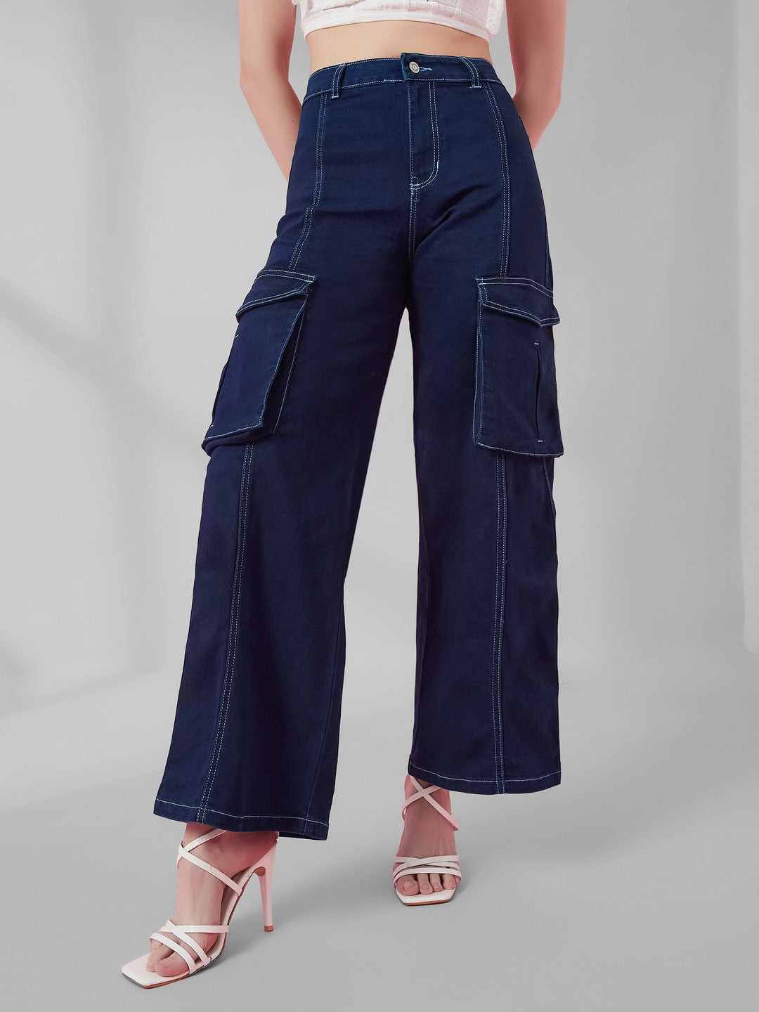 Navy Blue Wide leg high-rise Regular Stretchable Denim Jeans for Women