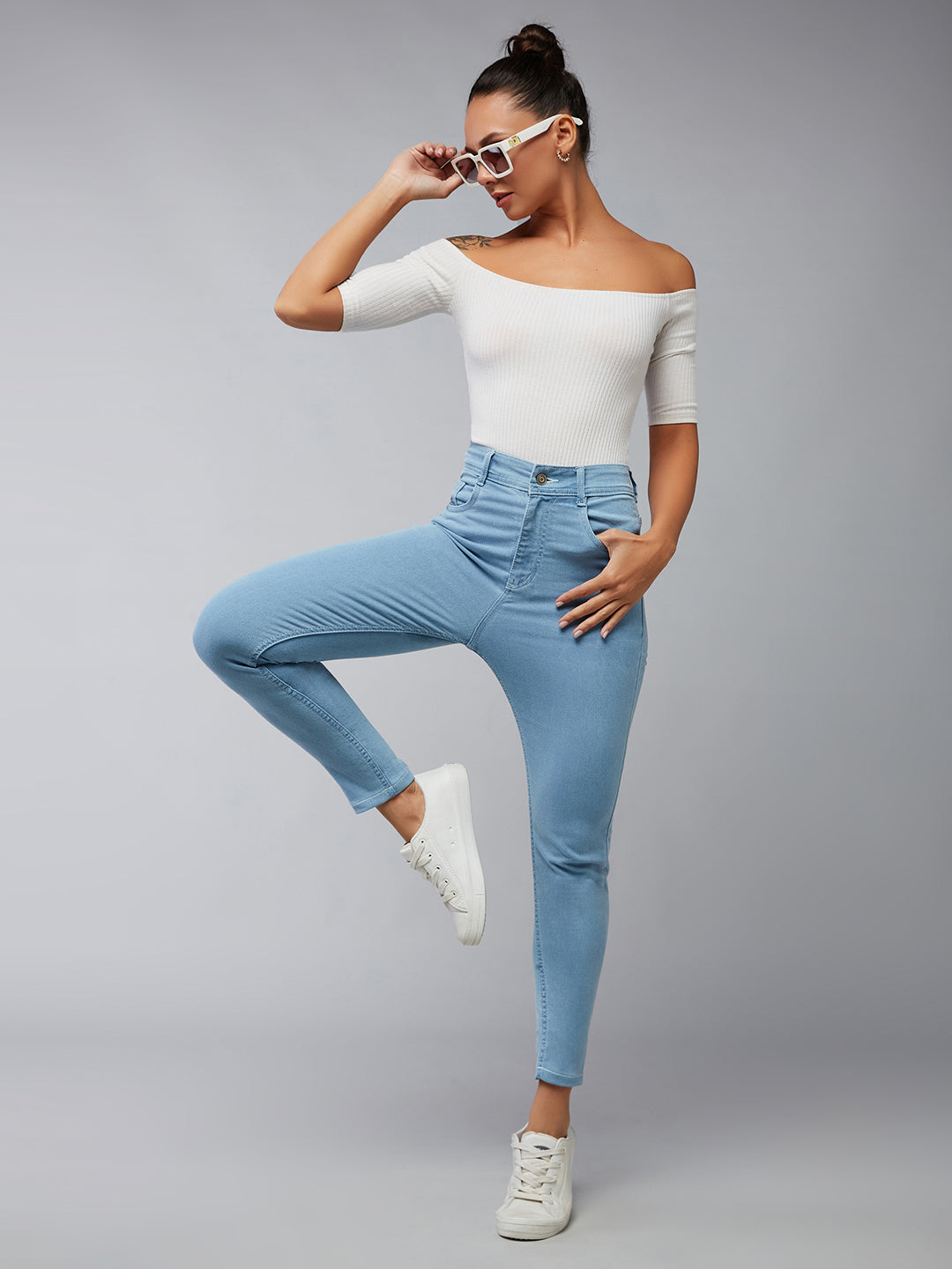 24/7 Comfort Light-Blue Skinny-Fit High-Rise Distressed Cropped Denim Jeans for Women