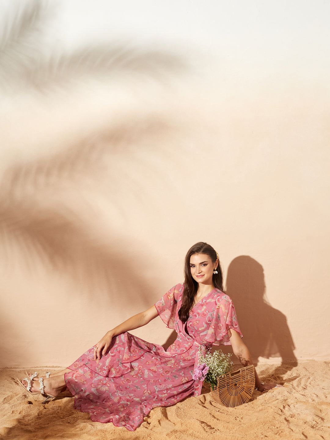 Pink V-Neck Flared Floral Overlap/Tie-Up Maxi Chiffon Dress for Women