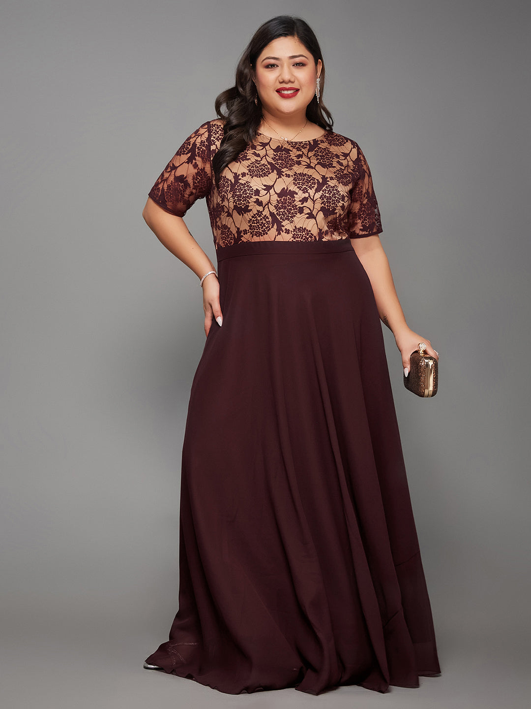 Wine Short Sleeves Lace Fit and Flare Maxi Dress Long Dress Gown Frock for Women | Bridesmaids' Favourites