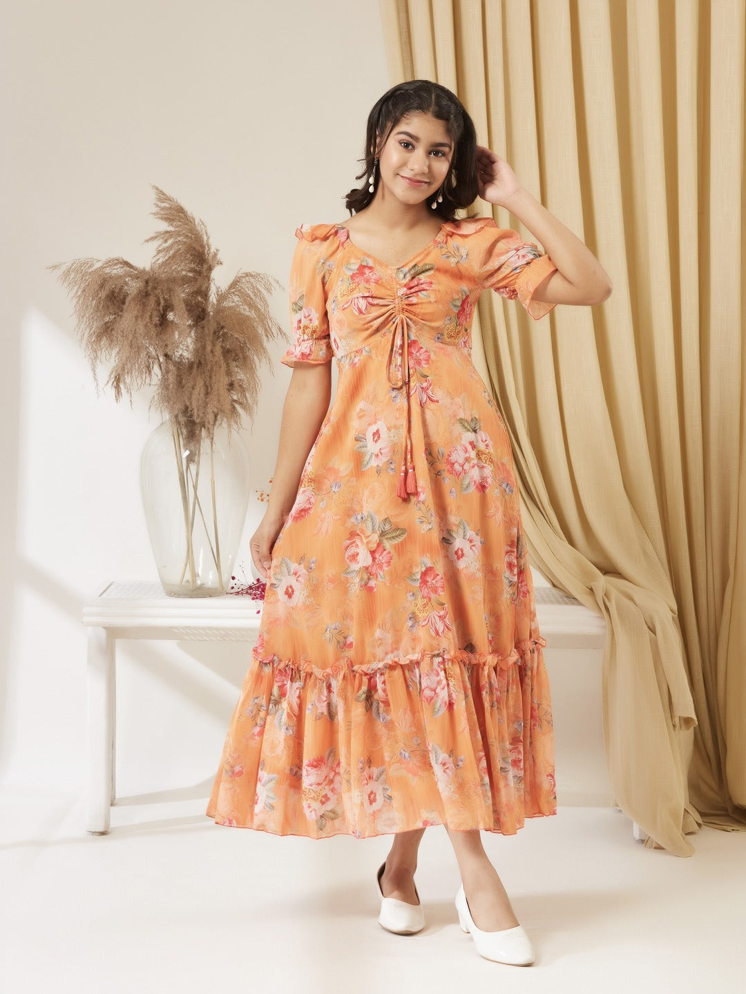 Orange V-Neck Puff Sleeve Floral Ruching Ankle-Length Dress for Girls/Teenagers