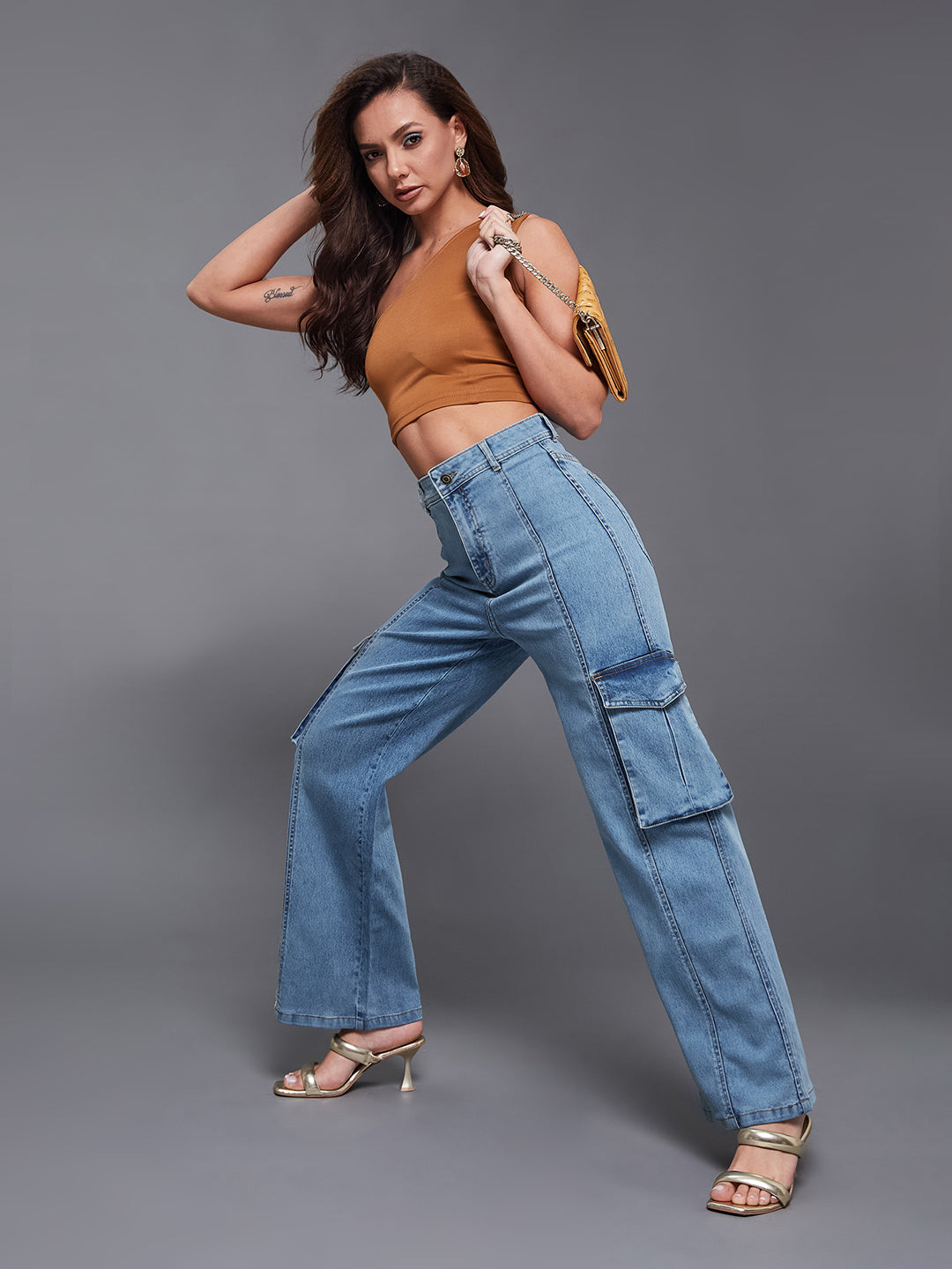 24/7 Comfort Blue Wide-Leg High-Rise Stretchable Cargo Denim Jeans