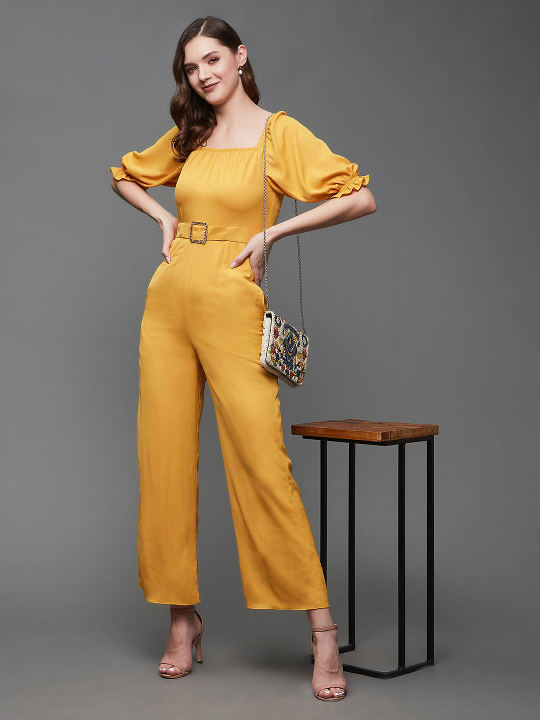 Women's Mustard Square Neck Puff Sleeve Solid Straight Leg Regular Length Crepe Jumpsuit