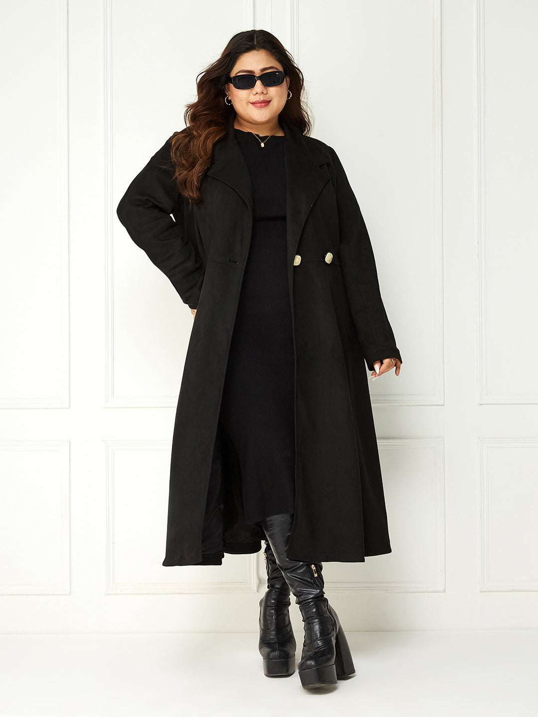 Body Bliss Black Solid Double Breasted Longline Jacket for Women