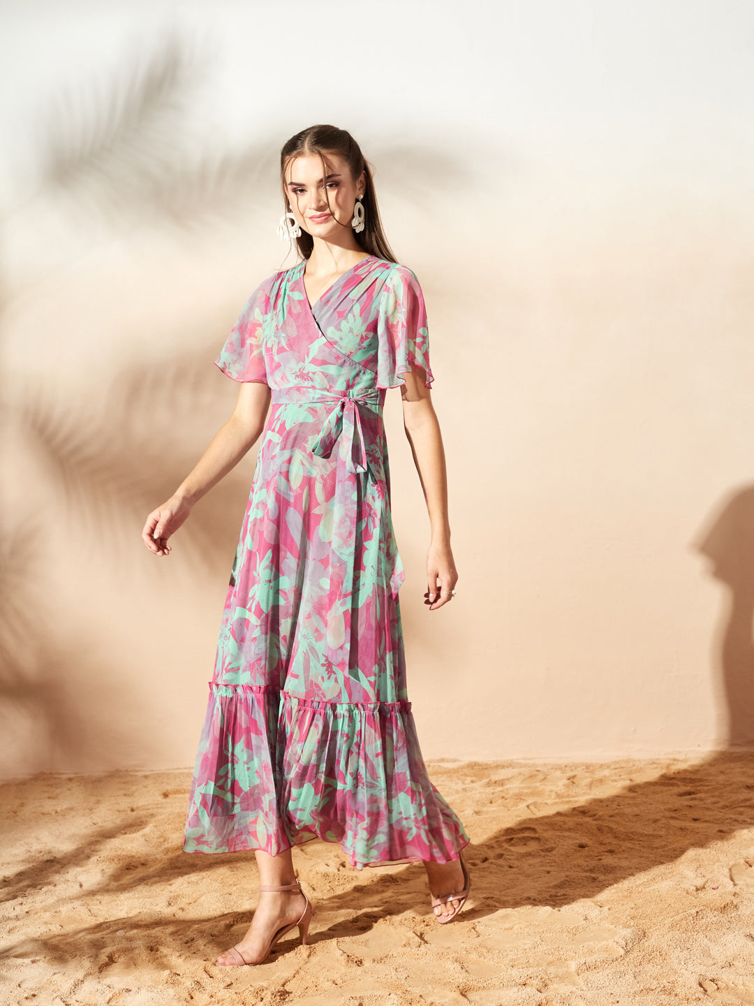 Pink & Mint Floral Printed Flutter Sleeves Maxi Dress for Women