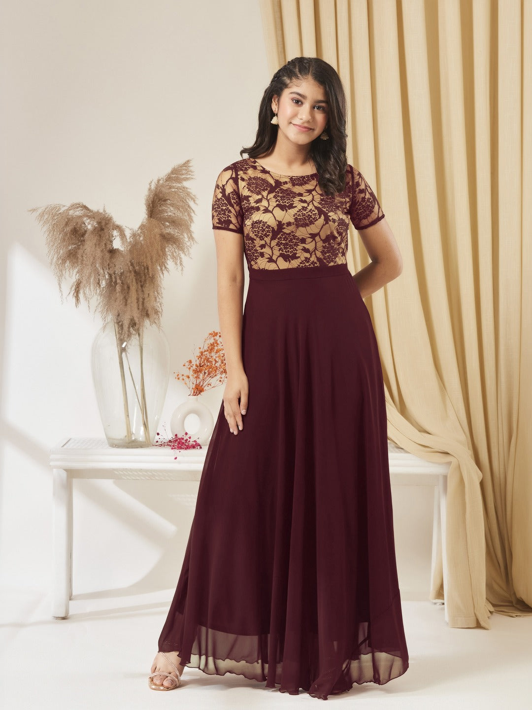 Wine & Beige Relaxed Fit Regular Georgette Dress for Girls/Teenagers