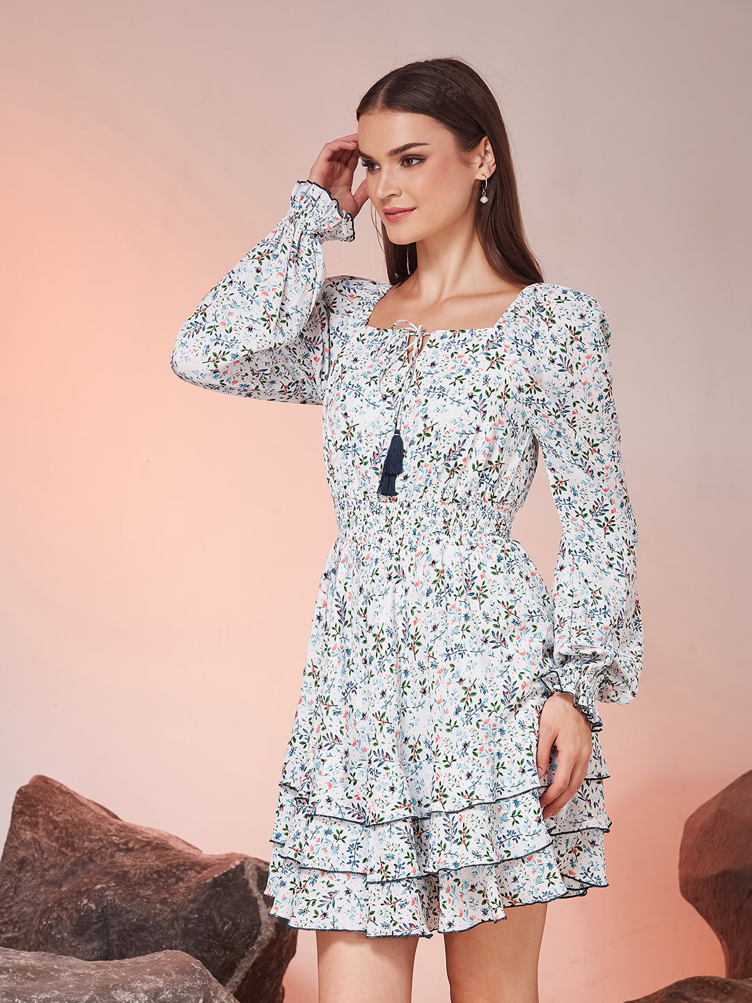 Off White Tie-Up Bishop Floral Layered Knee-Long Crepe Dress for Women
