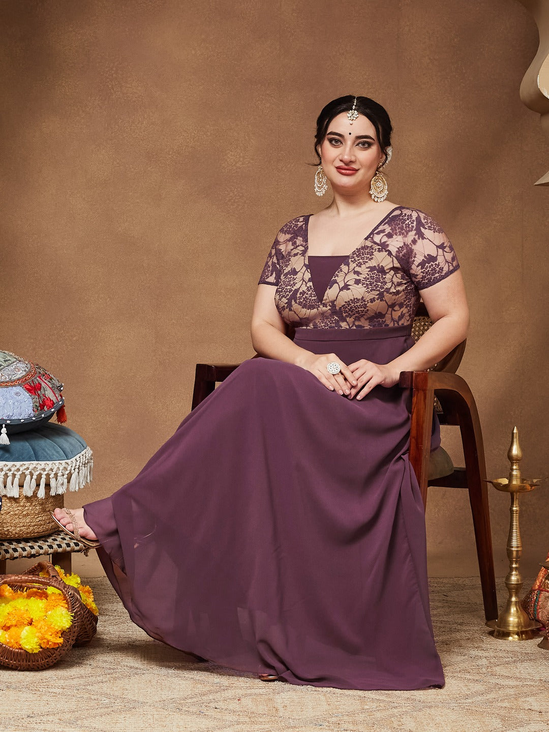 Mauve Square-Neck Raglan-Sleeve Self-Designed Flared Georgette Maxi Dress for Women