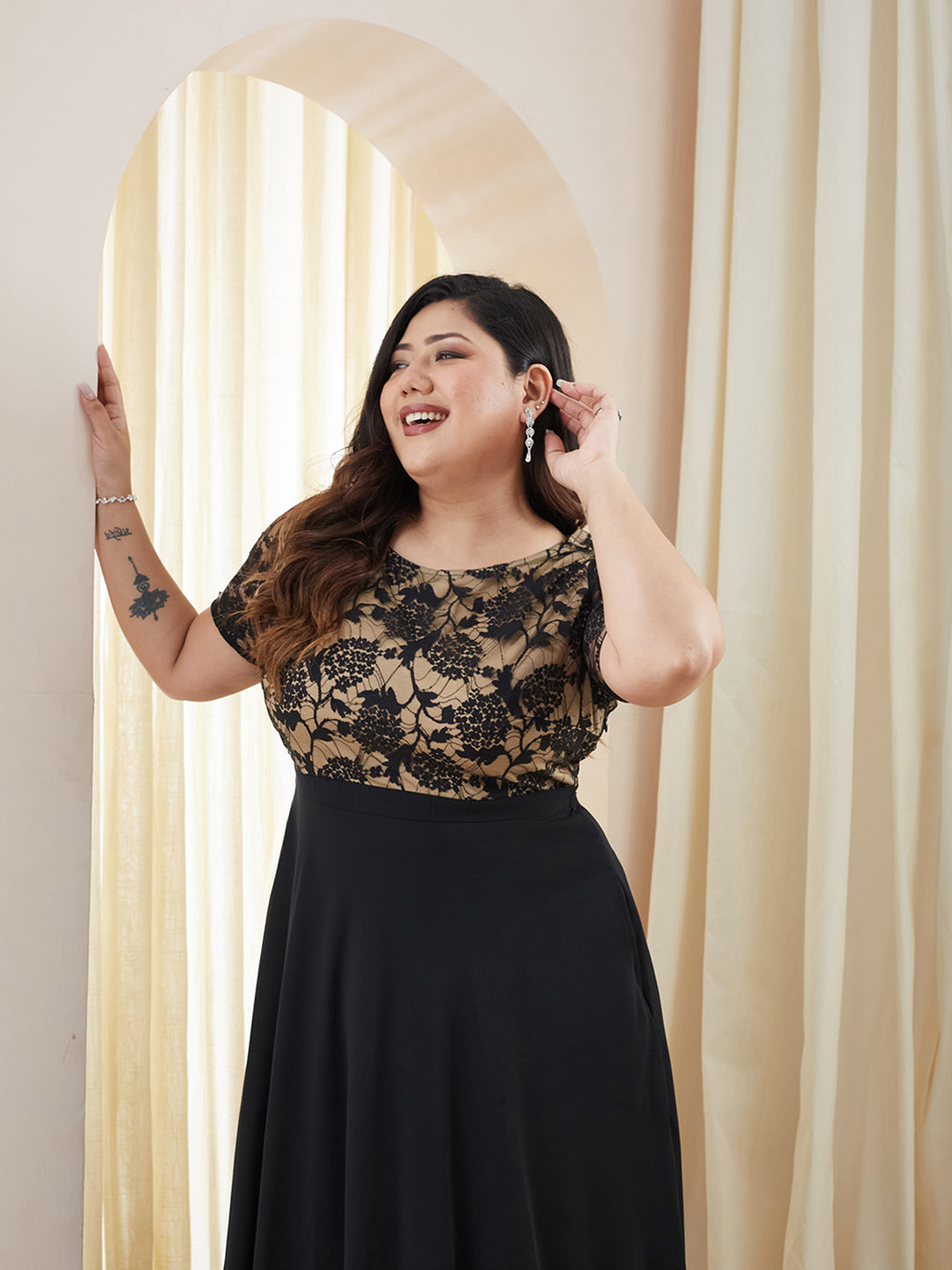 Black Round Neck Half Sleeve Self Design Fit & Flare Georgette Maxi Dress for Women