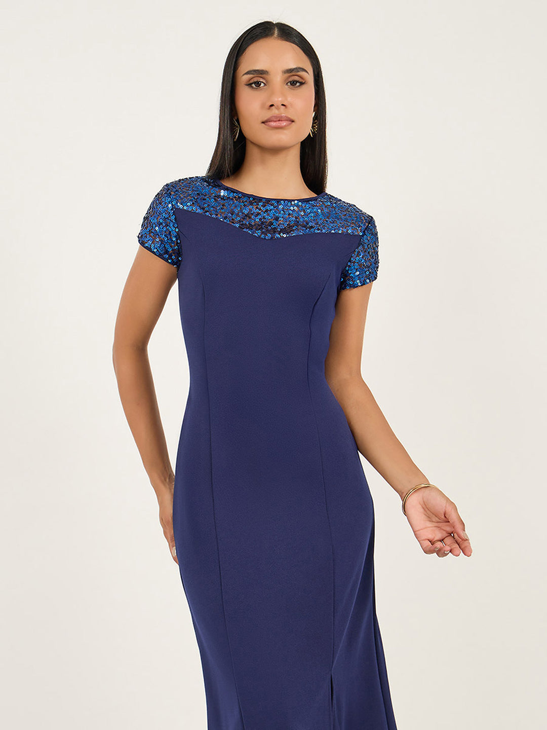 Women's Navy Blue Round Neck Cap Sleeves Sequin Panelled Solid Bodycon Maxi Dress