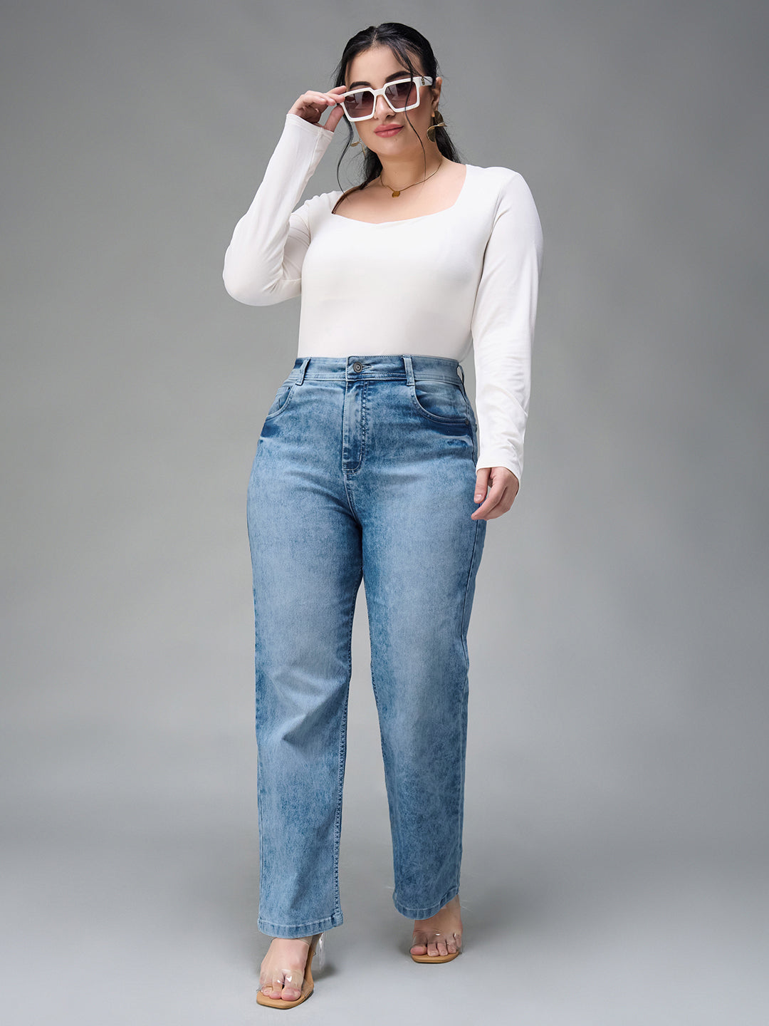 Women's Light Blue Wide-Leg Fit High Rise Clean Look Regular Length Stretchable Denim Jeans