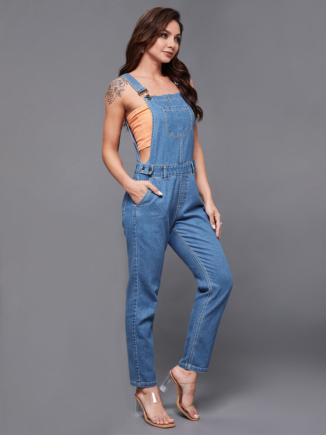 Women's Blue Regular Fit Mid Rise Regular Length Denim Dungaree