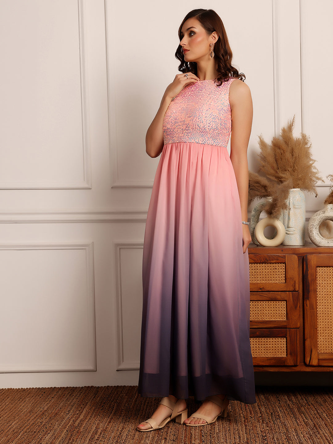Multicolored-Base-Pink Round Neck Sleeveless Embellished Georgette Maxi Dress for Women