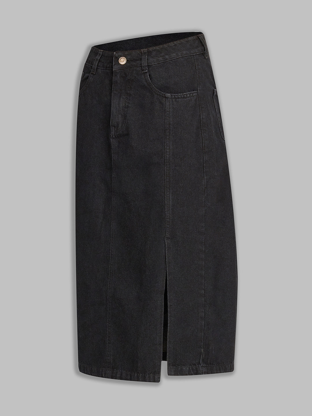 Women's Black Straight-Fit High-Rise Stretchable Denim Midi Skirt