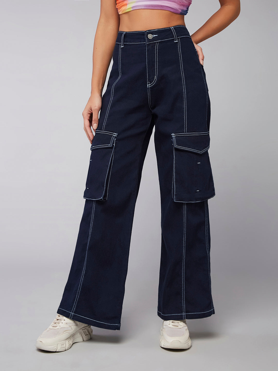24/7 Comfort Navy-Blue Wide-Leg High-Rise Stretchable Denim Jeans