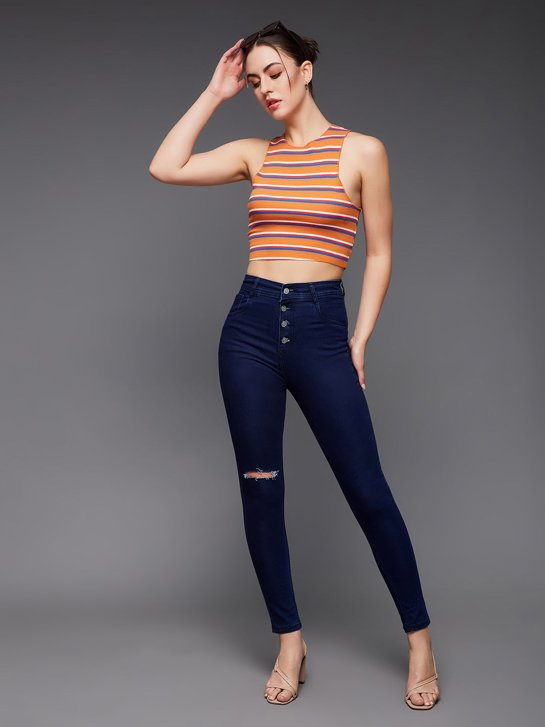 CHASEstretch™ Navy-Blue Skinny High-Rise Knee-Slit Denim Jeans