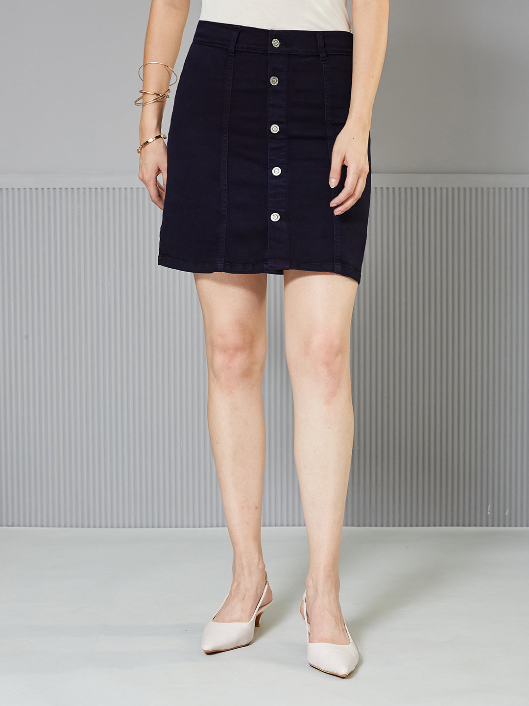 Navy-Blue Stretchable Solid A-line Mini Denim Skirt for Women