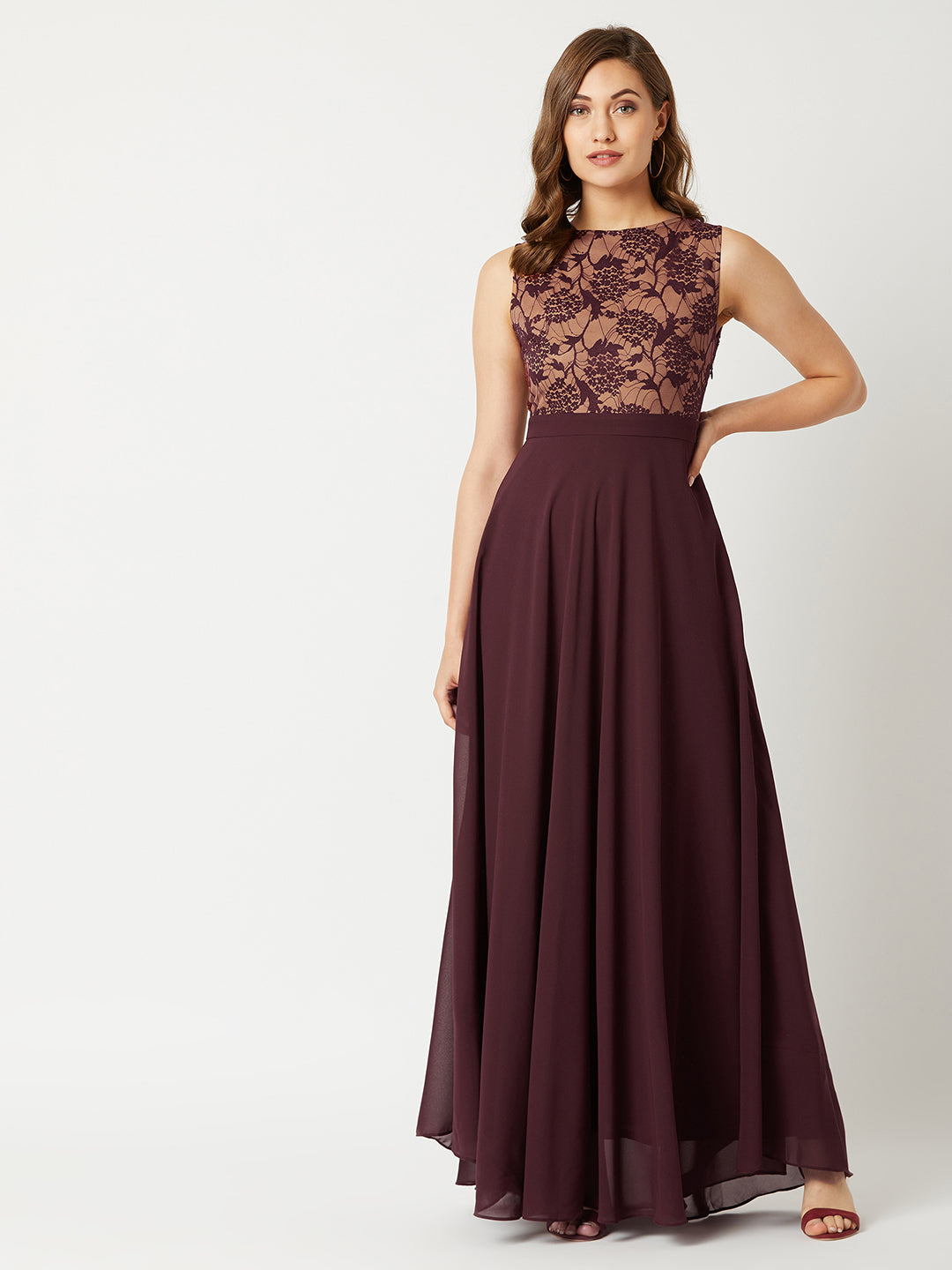 Women's Beige & Wine Round Neck Sleeveless Georgette Floral Lace Fit & Flare Maxi Dress