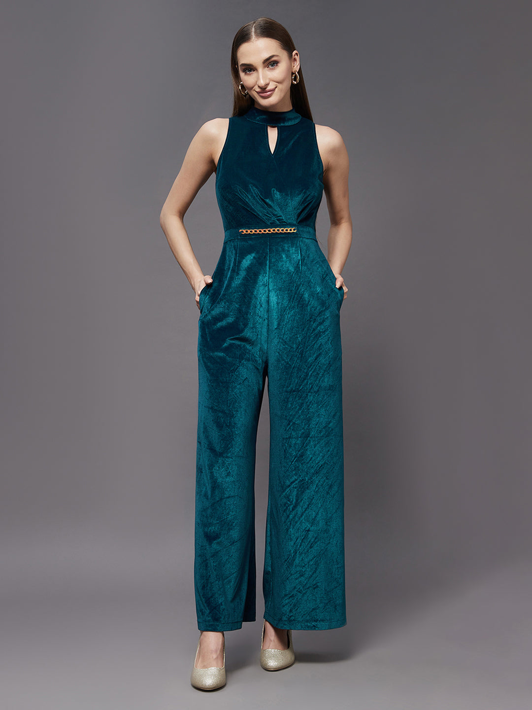 Crease Ease Teal Choker Neck Sleeveless Solid Pleated Regular Jumpsuit for Women — Miss Chase