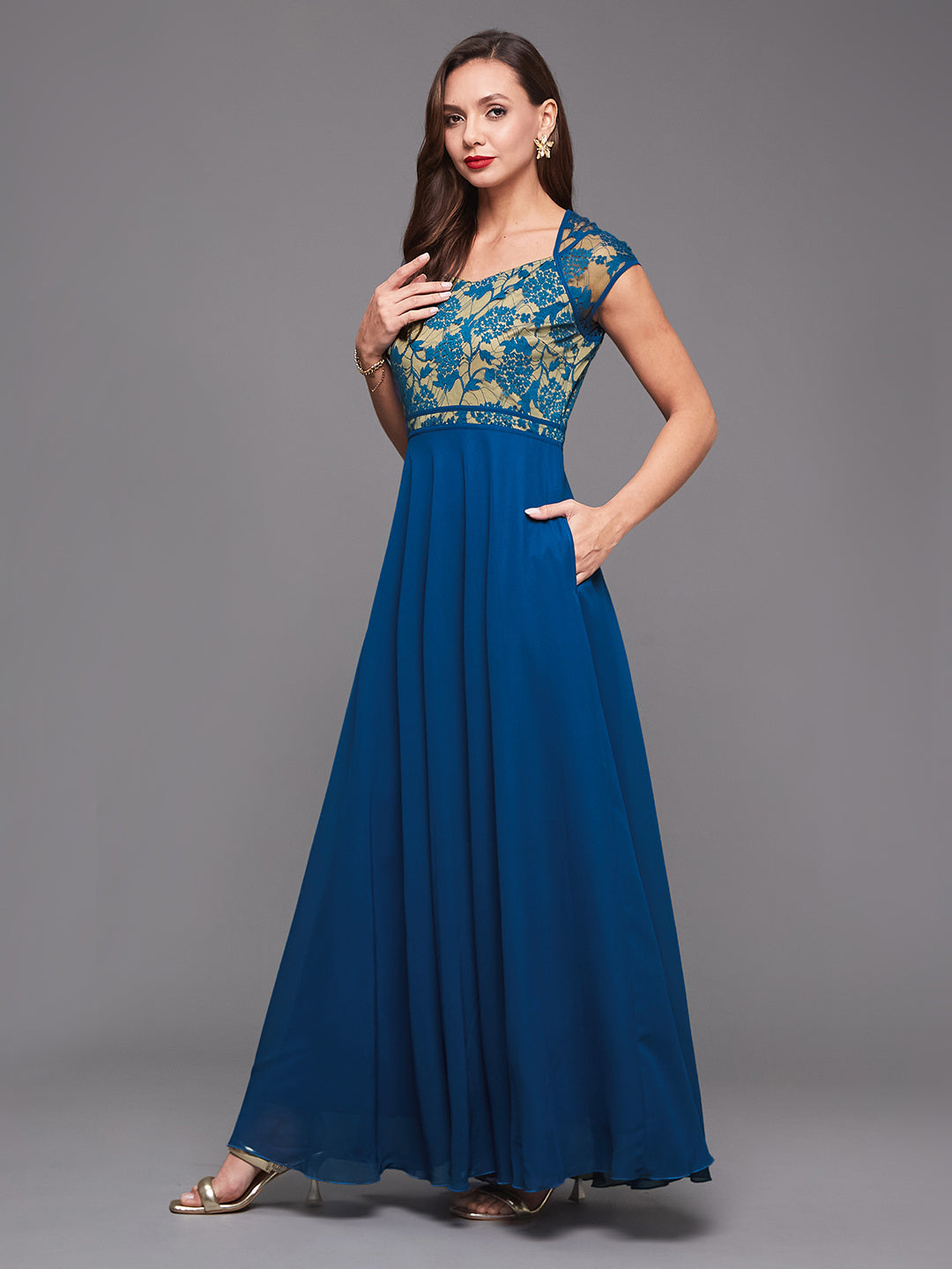 Royal Blue Floral Cap Sleeves Fit and Flare Lace Maxi Dress Long Dress Frock for Women