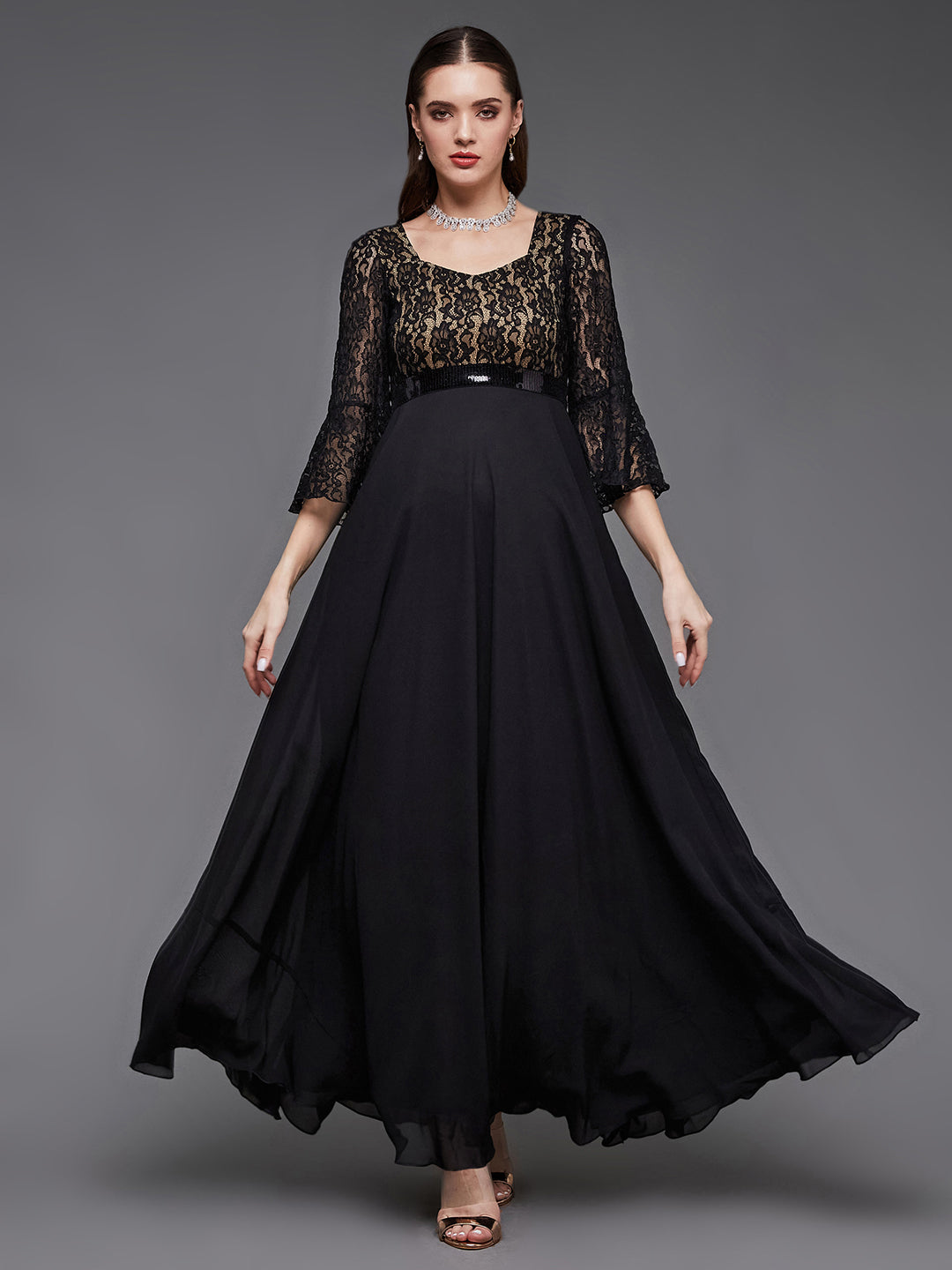 Women's Black Sweetheart-Neck Full Sleeve Floral Lace-Overlaid Georgette Maxi Dress