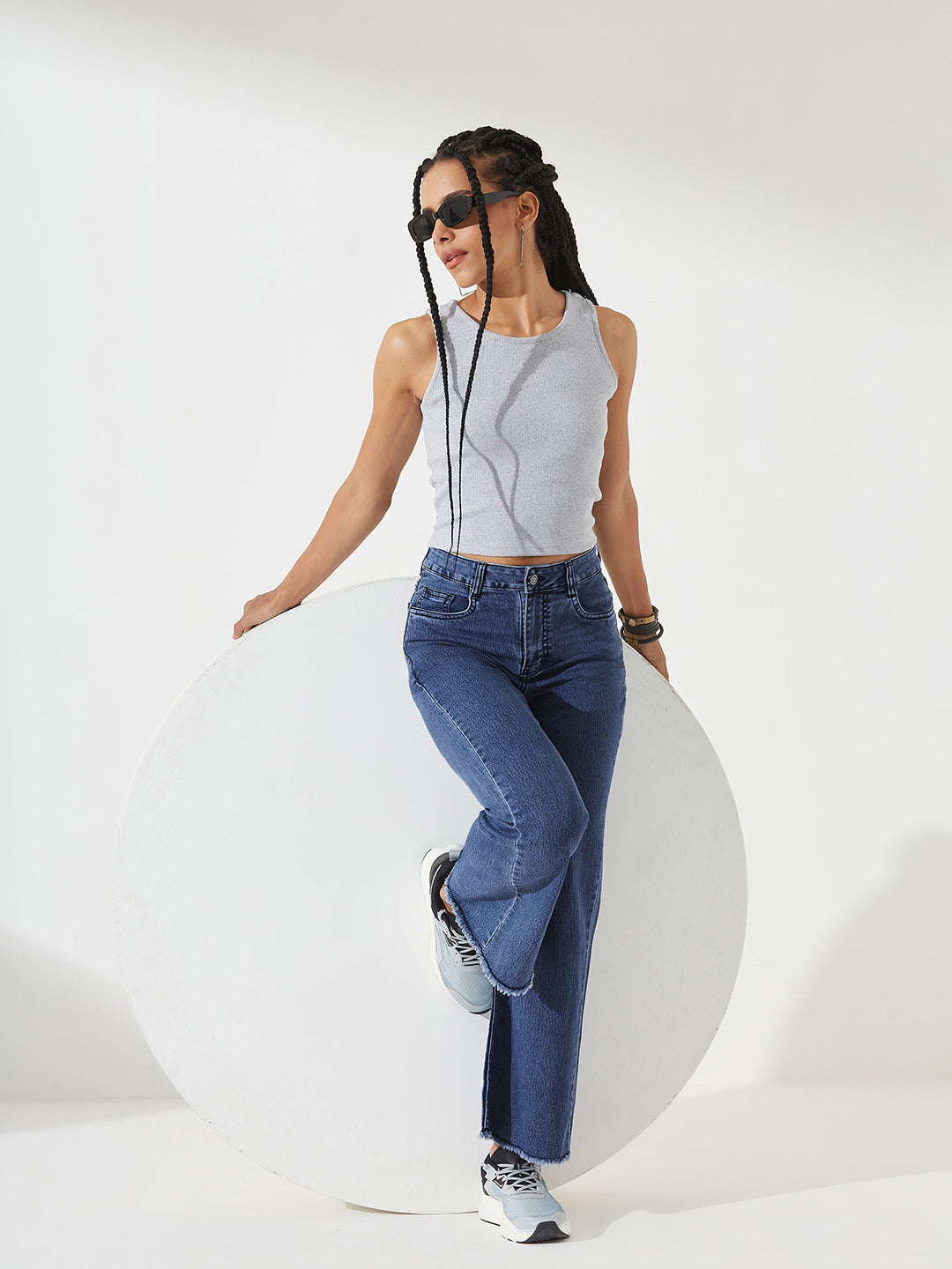 Navy Blue Wide-Leg High-Rise Stretchable Denim Jeans For Women