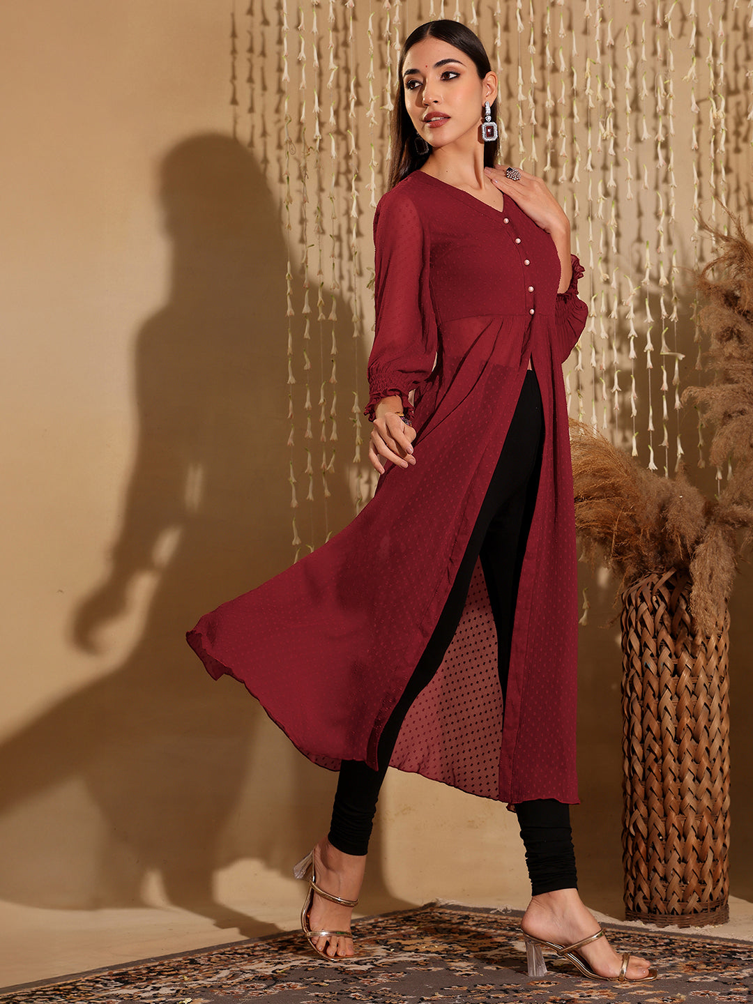Women's Maroon V-Neck 3/4 Sleeves solid empire Maxi Top